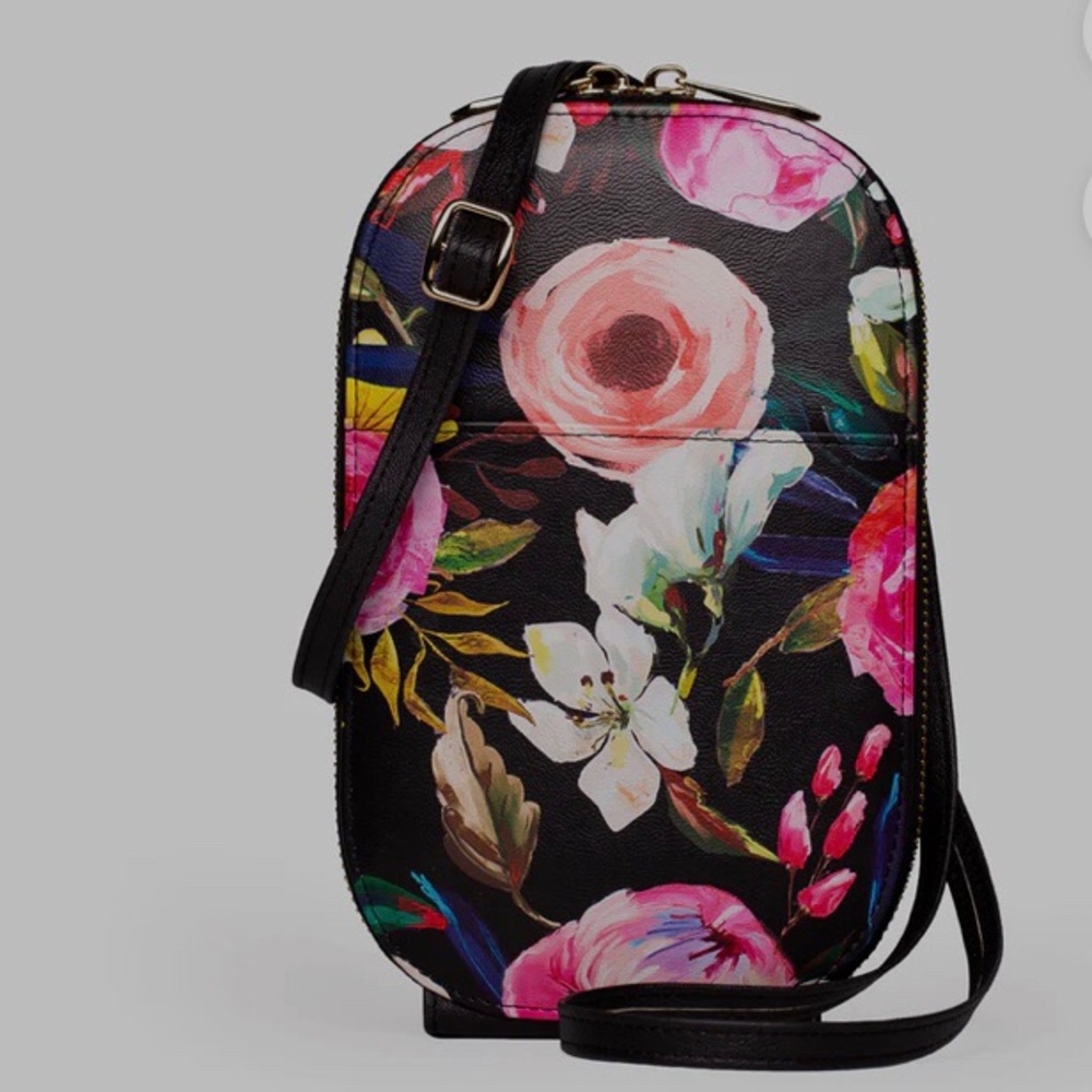 MONARQUE PINK FLORAL ON BLACK CROSSBODY BAG PURSE WALLET WATERCOLOR FLORAL PURSE - Picture 13 of 13